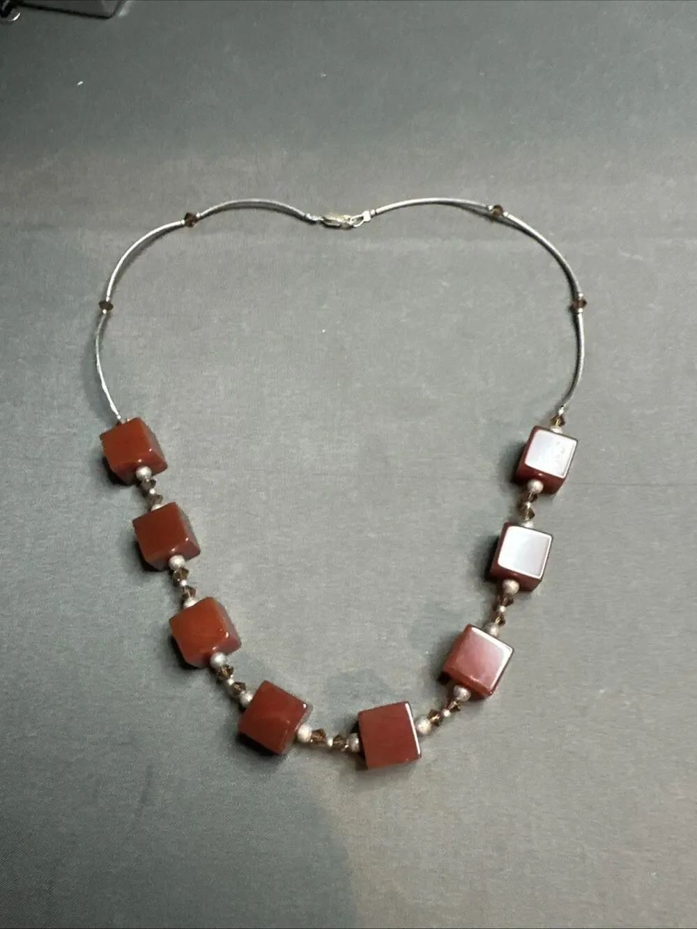 Vintage Old Silver 925 Red Squares And Silver Beads Beautiful Necklace Rare